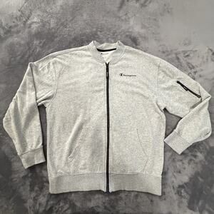 Champion Full Zip Sweatshirt Gray Crew Neck Knit Men's Long Sleeve Size L